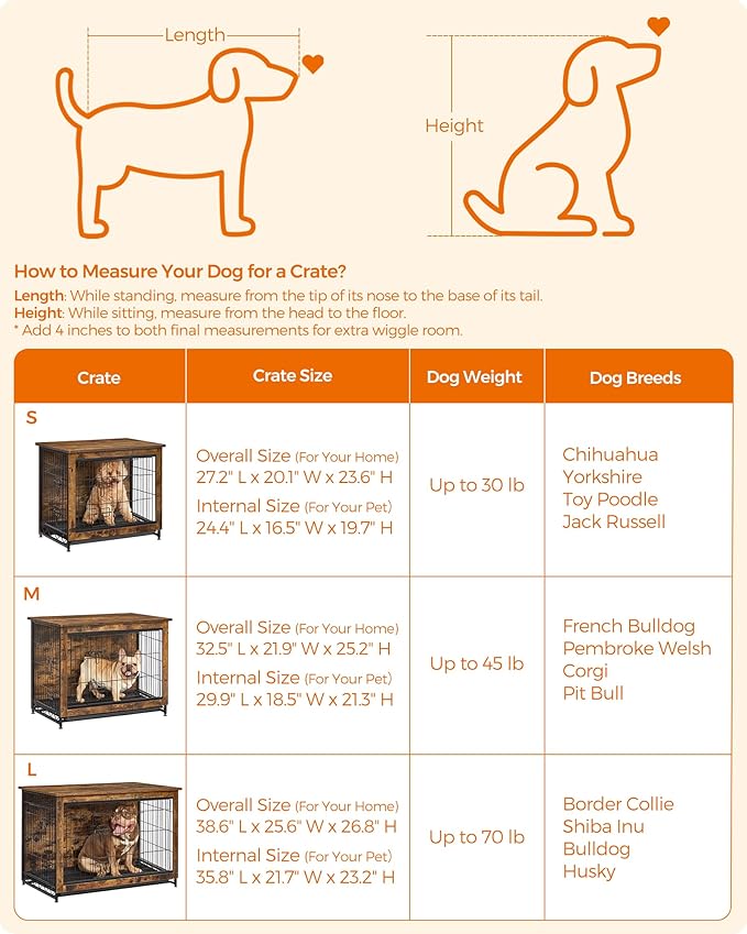 Feandrea 32.5" Dog Crate Furniture, Indoor Dog Cage Side End Table, L Pet Wood Kennel for Large and Medium Dogs up to 45 lb with Multi-Purpose Removable Tray, Double-Door Pet House, Rustic Brown