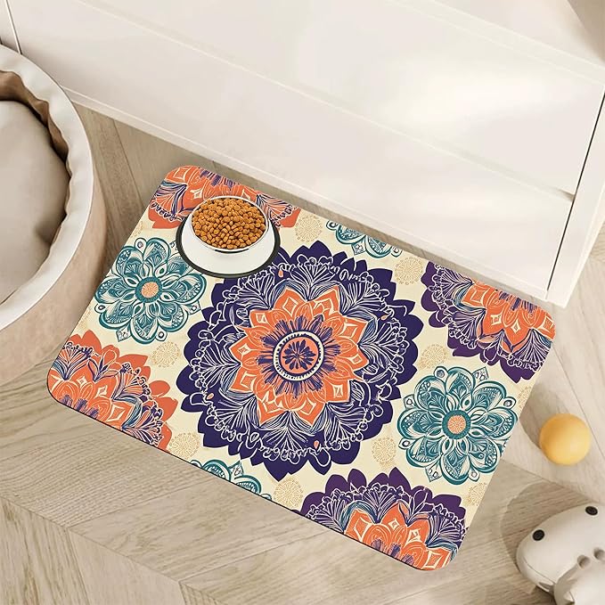 Mandala Flower Dog Cat Food Mat,Vintage Boho Floral Absorbent Pet Feeding Mat with Rubber Backing,Non-Slip Water Bowl Placemat,Indoor Pet Accessories Supplies 12"x20"