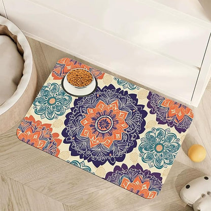 Mandala Flower Dog Cat Food Mat,Vintage Boho Floral Absorbent Pet Feeding Mat with Rubber Backing,Non-Slip Water Bowl Placemat,Indoor Pet Accessories Supplies 12"x20"