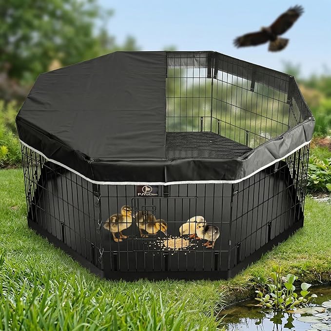 PJYuCien Dog Playpen with Top Cover and Bottom Pad - Metal Foldable Exercise Pen, 8 Panels 24" H x 24" W Indoor Outdoor Pet Fence Puppy Crate Kennel, Black