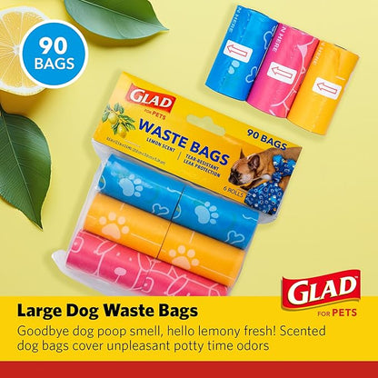 Glad for Pets Scented Waste Bags, Tear Resistant Pet Poop Pick-up Bags with Leak Protection, Lemon Scent, Multicolor Designs, 6 rolls, 90 bags total