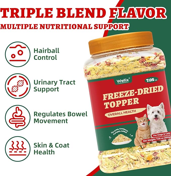 Wellix Pet Freeze Dried Treats for Cats&Dogs - High Protein Cat&Dog Food Topper 3 Ingredients Added (Cat Grass/Cranberry/Pumpkin) for Puppy or Kitten Treat 7.05oz