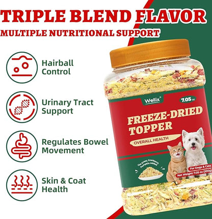 Wellix Pet Freeze Dried Treats for Cats&Dogs - High Protein Cat&Dog Food Topper 3 Ingredients Added (Cat Grass/Cranberry/Pumpkin) for Puppy or Kitten Treat 7.05oz