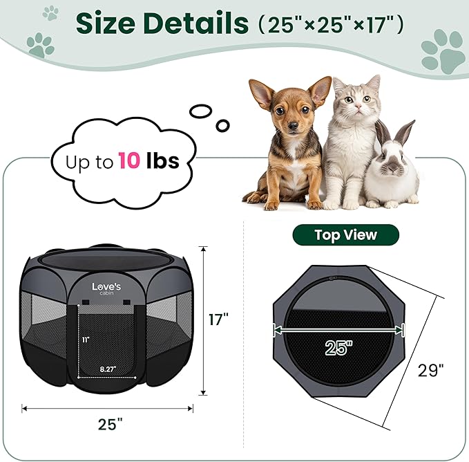 Love's cabin Pet Puppy Dog Playpen, Small Dog Tent Crates Cage Indoor/Outdoor, Portable Playpen for Cat, Foldable Pop Up Dog Kennel Playpen with Carring Case, Removable Zipper Top, Dark Grey