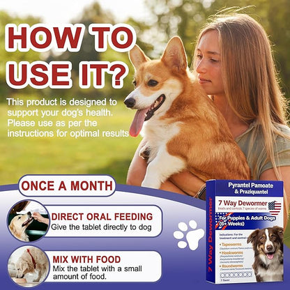 7 Way Dog Dewormer for Dogs, Pyrantel Pamoate & Praziquantel for All Wormers, Tapeworms, Hookworms, Roundworms & More
