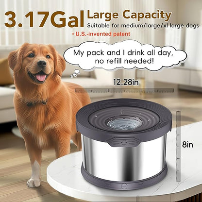UPSKY Dog Water Bowl No Spill 12L Stainless Steel, 3.17 Gallon Large Capacity Spill-Proof Dog Bowls, Non-Slip Slow Drinking Anti-Splash Bowl for Large Messy Drinkers, No Mess Indoor/Outdoor Use, Gray