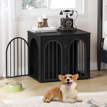 Hzuaneri 26.8'' Wooden Dog Crate Furniture, Indoor Dog Kennel Dogs Cage for Small Dogs, Heavy Duty Dog Crates Decorative Pet House End Side Table TV Stand, Black DFC85504B