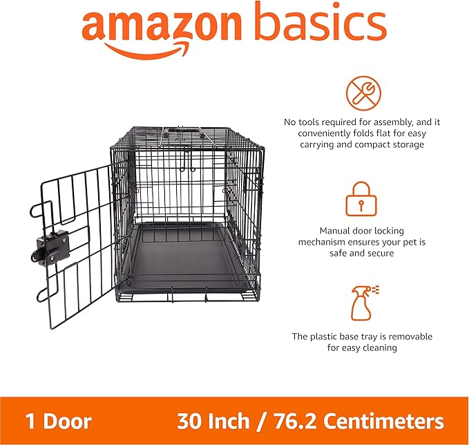 Amazon Basics Portable, Foldable Metal Wire Dog Crate with Removable Tray, Single Door, Divider Panel, Quick Setup, 30 x 19 x 21 in, Black