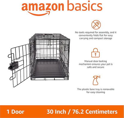 Amazon Basics Portable, Foldable Metal Wire Dog Crate with Removable Tray, Single Door, Divider Panel, Quick Setup, 30 x 19 x 21 in, Black