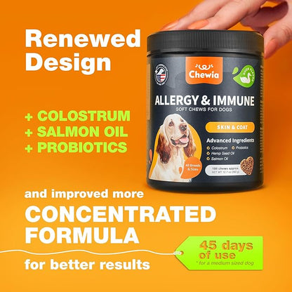 Dog Allergy Relief Chews - Itch Relief for Dogs - 180 Allergy Chews for Itching Skin with Probiotics, Colostrum, Salmon Oil - Allergy, Skin and Coat, Immune, Digestion Support Supplement - Hot Spots