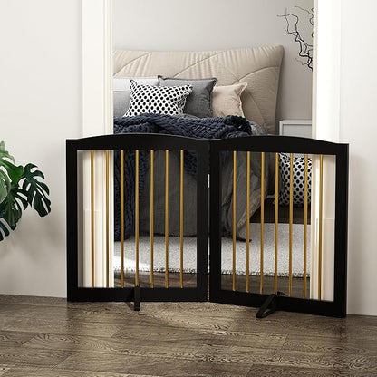 PUPETPO Freestanding Pet Gate for Dogs, Foldable Wooden Dog Gate for House, Stairs, Doorways, Step Over Pet Puppy Safety Fence,Support Feet Included,24" Height 2 Panels, Black&Gold