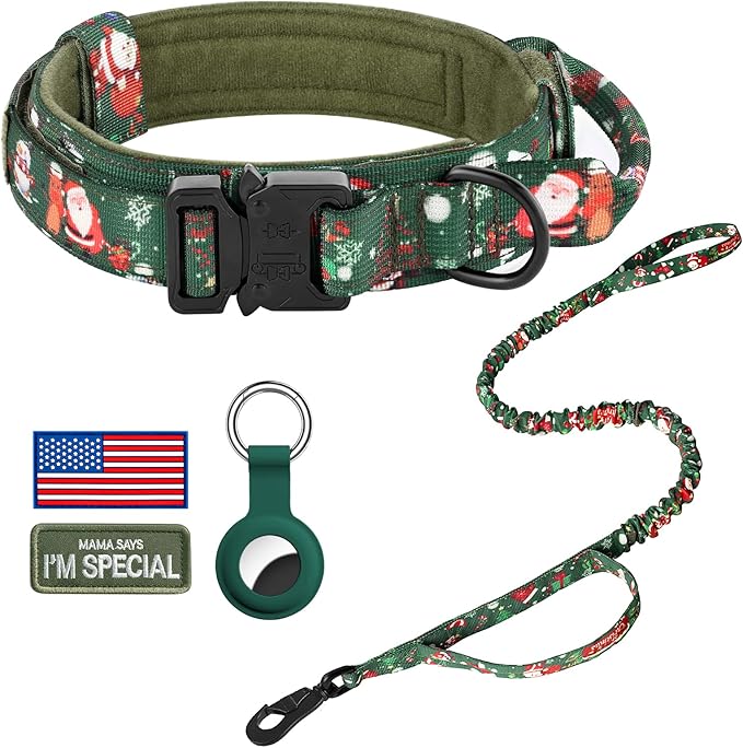 DAGANXI Tactical Dog Collar, Adjustable Military Training Nylon Dog Collar with Control Handle and Heavy Metal Buckle for Medium and Large Dogs, with Patches and Airtags Case (XL, Christmas green-SET)