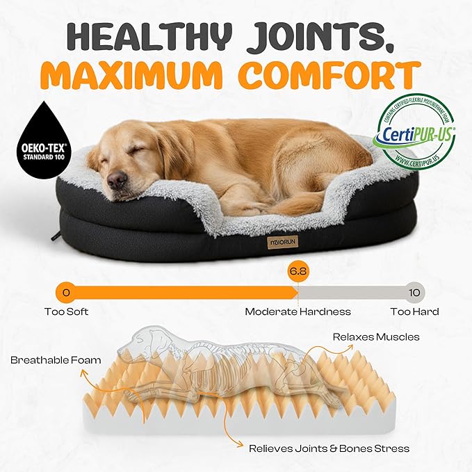Fluffy Orthopedic Dog Bed for Large & Extra Large Dogs, Calming Plush Sofa Bed with Curved Bolster Support and Egg-Crate Foam Base, 43" Cozy Oval Pet Donut Bed with Washable Cover, Gray