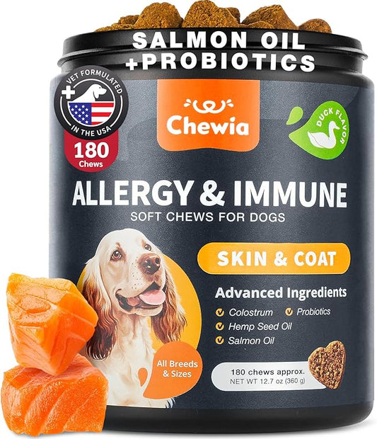 Dog Allergy Relief Chews - Itch Relief for Dogs - 180 Allergy Chews for Itching Skin with Probiotics, Colostrum, Salmon Oil - Allergy, Skin and Coat, Immune, Digestion Support Supplement - Hot Spots