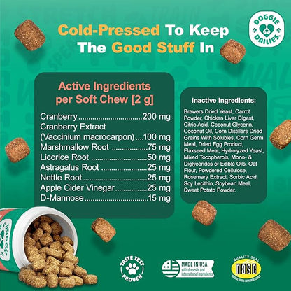 Doggie Dailies Cranberry Supplement for Dogs - Urinary Tract, Bladder & Kidney Support - Cranberry with Marshmallow Root, Licorice Root & Apple Cider Vinegar (Chicken) 225 Soft Chews