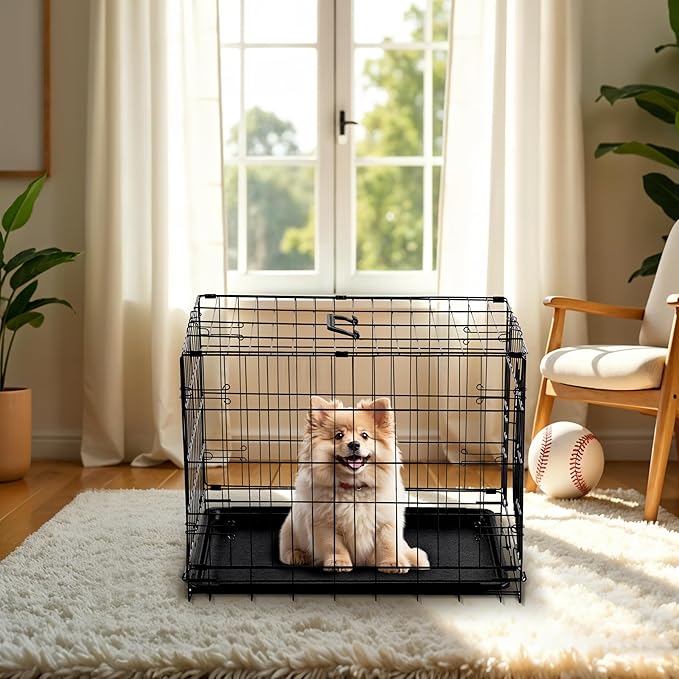 HealSmart 24" Single Door Pet Crate, Sturdy Foldable Metal Wire Dog Cage with Leak-Proof Tray, Portable Indoor & Outdoor Pet Kennel for Travel and Home Use