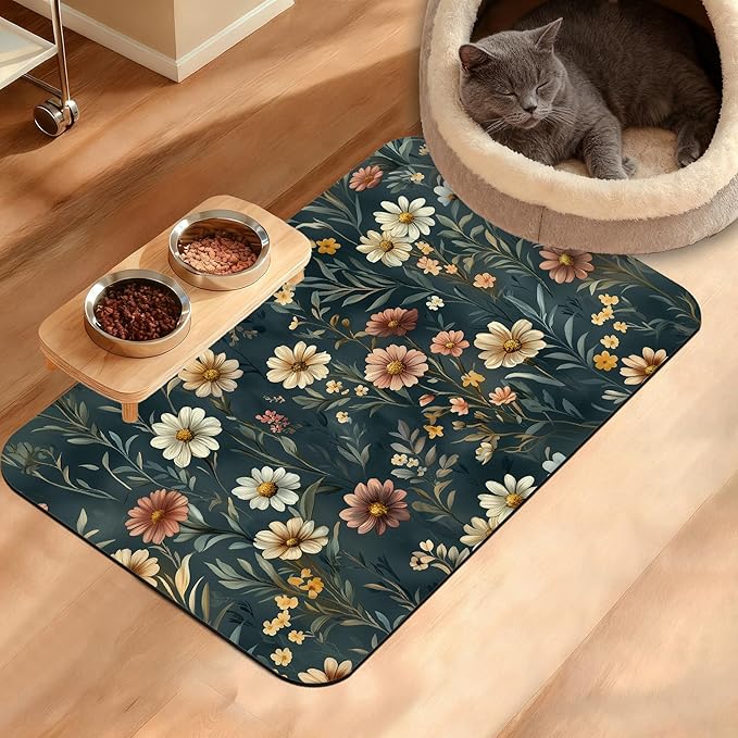 Dog Bowl Mat,Brown Flowers Pet Feeding Mat for Floors Waterproof,White Absorbent Dogs Placemat for Food and Water Quick Dry Pet Cat Feeding Mats with Non Slip Bottom 16" x 24"