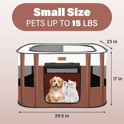 Dog Playpen - Foldable Cat Play Pens for Pubby, Kitten, Rabbit, Portable Pet Tent with Carring Bag for Indoor/Outdoor Travel Camping (Brown-Small)