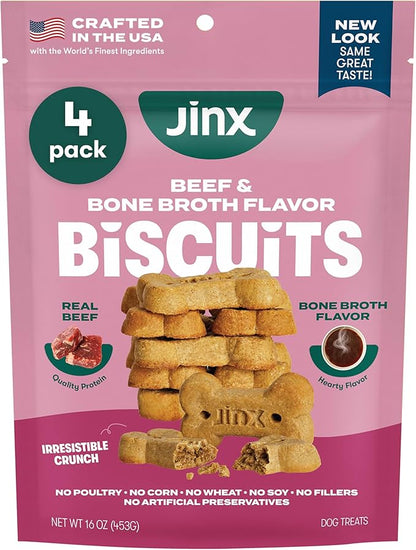 Jinx Oven-Baked Beef Bone Broth Biscuit Treats, Crunchy, All Natural, Superfood-Rich with Real Beef, Pumpkin & Blueberries, 16oz, 4 Pack