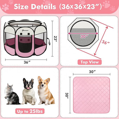 Dog Cat Playpen Indoor Outdoor for Puppy Pet Dogs Cat Recovery After Surgery, Dog Tent Crates Cage Indoor/Outdoor, Portable Pop Up Kennel with Carrying Case for Travel (Pink with Pad, Medium)