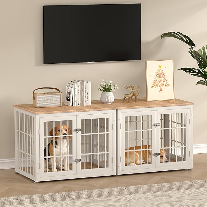 rehomerance 32 Inch Heavy Duty Dog Crate Furniture for Medium and Small Dogs, Decorative Pet House End Table, Wooden Cage Kennel Furniture Indoor, Natural and White