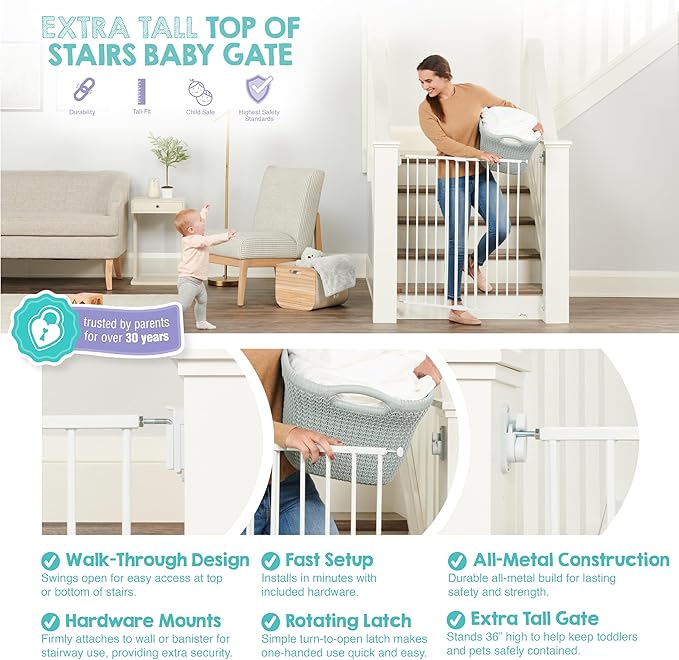 Regalo 2-in-1 Extra Tall Easy Swing Stairway and Hallway Walk Through Baby Gate, White, 24" - 40.5" Wide