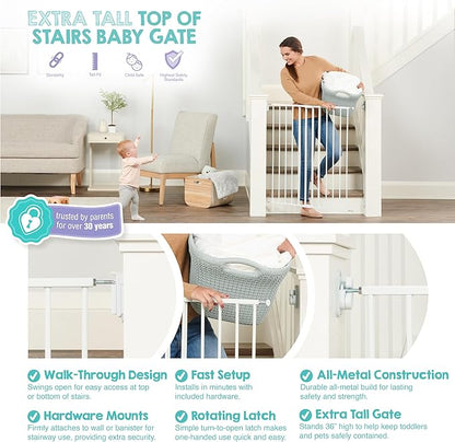 Regalo 2-in-1 Extra Tall Easy Swing Stairway and Hallway Walk Through Baby Gate, White, 24" - 40.5" Wide