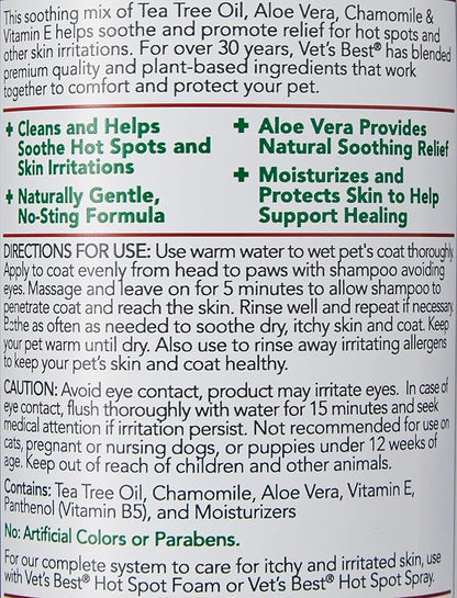 Vet's Best Hot Spot Dog Shampoo, Natural Itch Relief for Dogs with Dry Skin, Rash, Scratching, Licking, Sensitive Skin, Aloe & Chamomile Formula, Veterinarian Formulated, Made in USA, 16 oz