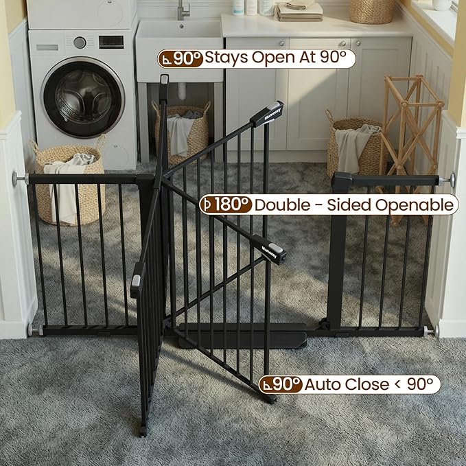 Mumeasy 29.7-57" Extra Wide Baby Gate for Doorways, Auto Close Dog Gate Indoor for Stairs, No-Drill Pressure Mounted Pet Gate with Door, Easy Walk Thru Long&Large Safety Gate for House, Outdoor, Black
