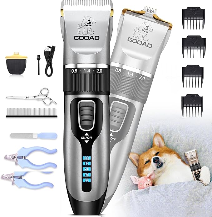 Dog Clippers Grooming Kit and Paw Trimmer,Cordless,Low Noise, Electric Quiet,Rechargeable, Dog Trimmer Grooming, Pet Hair Clippers for Thick Coats,Shaver for Small and Large Dogs Cats(Gray)