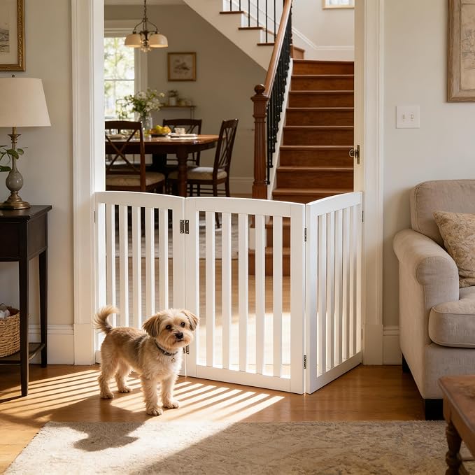 Dog Gate Pet Gate Indoor for Stairs Doorways 82x24 Inch 4 Panels Dog Fence Extra Wide Wooden White
