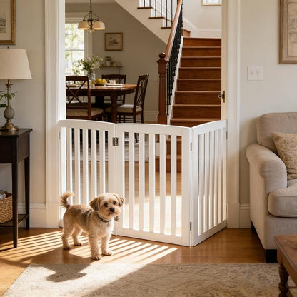 Dog Gate Pet Gate Indoor for Stairs Doorways 82x24 Inch 4 Panels Dog Fence Extra Wide Wooden White
