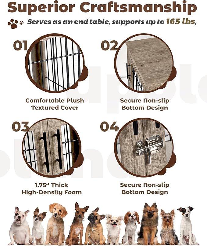 Upolana Dog Crate Furniture, 32 inch Medium Dog Crates with Bed Mat, Wooden Dog Kennel Furniture, End Side Table Dog Cage with 3 Doors, Greige