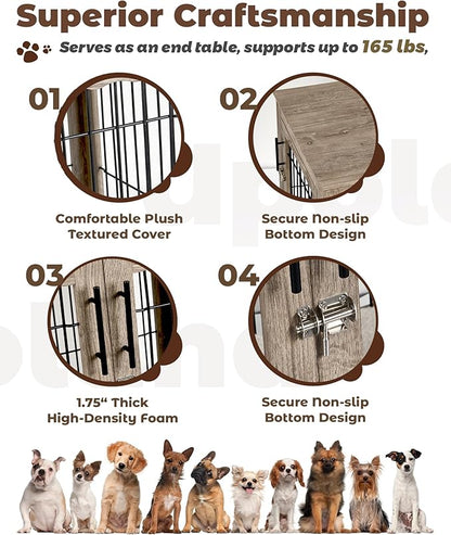 Upolana Dog Crate Furniture, 32 inch Medium Dog Crates with Bed Mat, Wooden Dog Kennel Furniture, End Side Table Dog Cage with 3 Doors, Greige