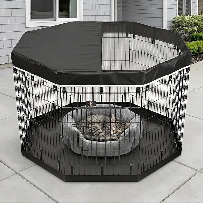 PJYuCien Dog Playpen with Top Cover and Bottom Pad - Metal Foldable Exercise Pen, 8 Panels 42" H x 24" W Indoor Outdoor Pet Fence Puppy Crate Kennel, Black