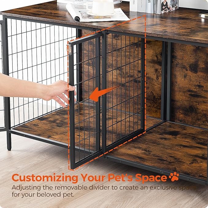MAHANCRIS Dog Crate Furniture for 2 Dogs, 43.3" Dog Kennel with Removable Divider, Heavy Sturdy Dog Furniture Style Double Cage for Small Medium Dog, Indoor Pet House End Table, Rustic Brown DCHR1201