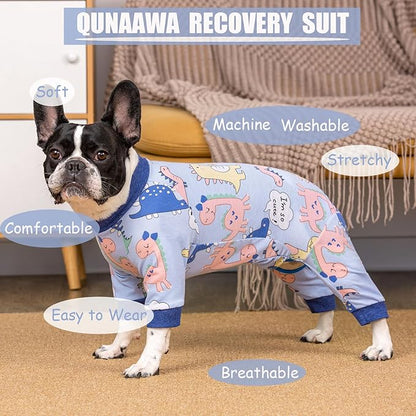 Recovery Suit for Surgery Small Medium Dogs Onesie, Cute Soft Pajamas Bodysuit Cone Alternative Prevent Licking, Female Male (Small, Dinosaur Blue)