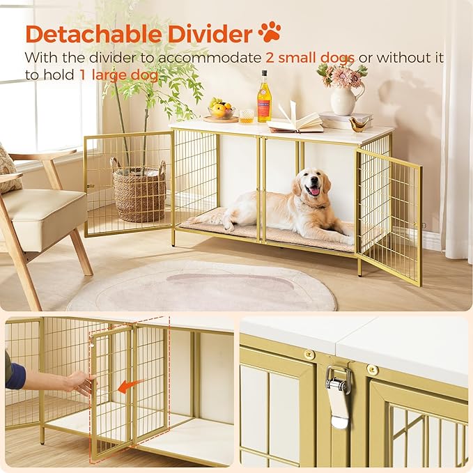 MAHANCRIS Dog Crate Furniture for 2 Dogs, 43.3" Dog Kennel with Removable Divider, Heavy Sturdy Dog Furniture Style Double Cage for Small Medium Dog, Indoor Pet House End Table, White and Gold