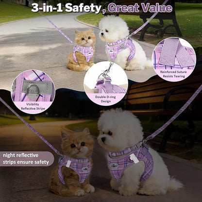 Gyuzh Dog Harness and Leash Set for Puppies - 3 Piece Step in No Pull Vest & Collar, Extra Small Kitten Harness, Breathable Reflective Plaid, Padded Leash (Purple, S)