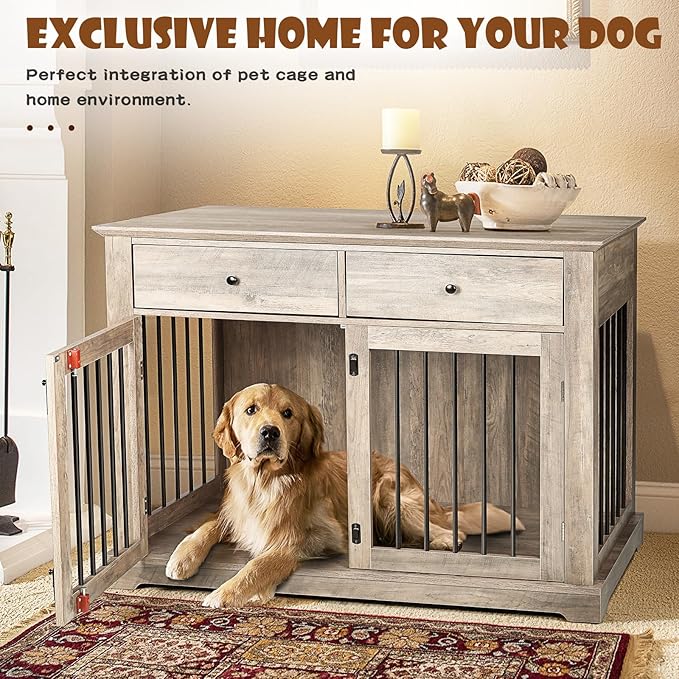 LEMBERI 44 Inch Large Dog Crate Furniture with 2 Storage Drawers, Wooden Dog Kennel Furniture as End Table, Decorative Pet Cage Dog House Indoor for Dogs