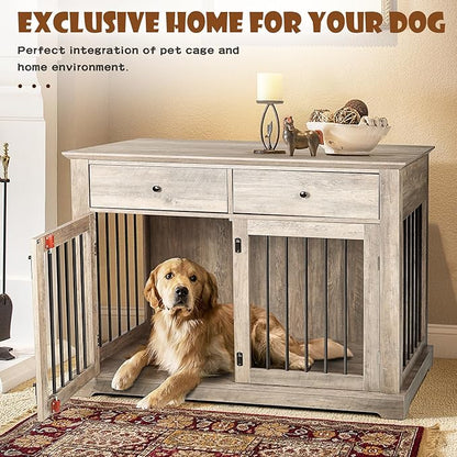 LEMBERI 44 Inch Large Dog Crate Furniture with 2 Storage Drawers, Wooden Dog Kennel Furniture as End Table, Decorative Pet Cage Dog House Indoor for Dogs