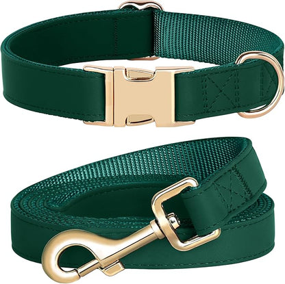 PET ARTIST Soft PU Leather Dog Collar and Leash Set, Bright & Stylish 5FT PU Leather Leash and Collar Set, Durable Pet Collars with Quick Release Metal Buckle for Medium Dogs,Christmas Green,M(13-19")