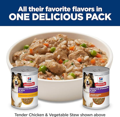 Hill's Science Diet Adult Sensitive Stomach & Sensitive Skin Wet Dog Food Variety Pack, Chicken & Vegetable Stew, Turkey & Rice Stew, 12.5 oz. Cans, 12-Pack