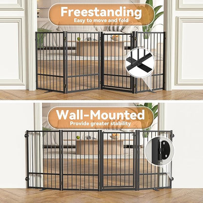 SNUOWU Full Metal Freestanding Dog Gate with Door, 32''Height Foldable Pet Dog Fence for Indoor & Outdoor, 4 Panels Extra Wide Free Standing TallDog Gates for Doorways,House,Stairs,Porch,Deck,Yard