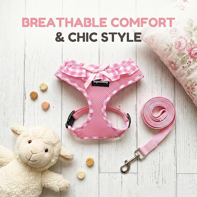 SuperBuddy Upgraded Soft Mesh Dog Harness, Super Breathable Lightweight Pet Harnesses for Puppy Dogs Outdoor Walking, Pink Dog Harness and Dog Leash Set Packing -Large