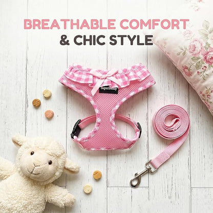 SuperBuddy Upgraded Soft Mesh Dog Harness, Super Breathable Lightweight Pet Harnesses for Puppy Dogs Outdoor Walking, Pink Dog Harness and Dog Leash Set Packing -Small