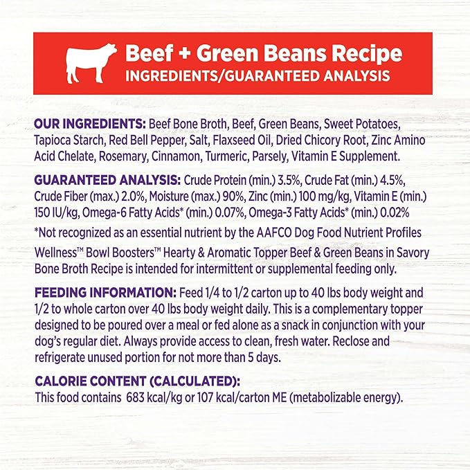 Wellness Bowl Boosters Hearty Topper Wet Dog Food for Small, Medium, and Large Breeds, Grain Free, Natural, Beef and Green Beans Recipe, 5.5 oz, Pack of 12