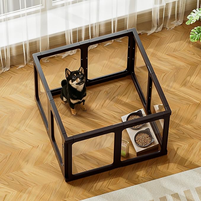 Jalove Acrylic Dog Playpen Indoor, 8 PCS Plastic Puppy Playpen with Door, Clear PlayPen for Dog Cat Rabbit Ferret, Easy Assemble Pen, Preferable Small Cage, Black, 33.5" L x 33.5" W x 24" H