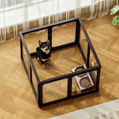 Jalove Acrylic Dog Playpen Indoor, 8 PCS Plastic Puppy Playpen with Door, Clear PlayPen for Dog Cat Rabbit Ferret, Easy Assemble Pen, Preferable Small Cage, Black, 33.5" L x 33.5" W x 24" H