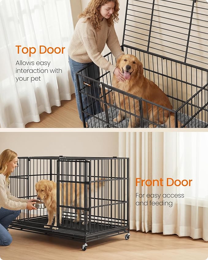 Feandrea Heavy-Duty Dog Crate, 5-Minute Quick Assembly, Foldable Dog Kennel Cage with Lockable Wheels, Double Doors, Escape Proof Fixed Bottom, Removable Tray, Easy to Clean, Ink Black, 48 Inch